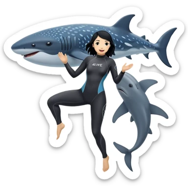 One was wearing a save ocean silver wetsuit
Black haired female diver dances with whale sharks sticker