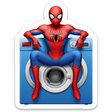 Die-cut sticker of Spider-Man sitting on a washing machine, bold vector art, thick white border, isolated on white background.with 4k resolution sticker