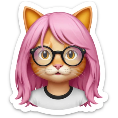 Orange Yellow cat wearing a long pink hair wig, black circle glasses, white T-shirt sticker