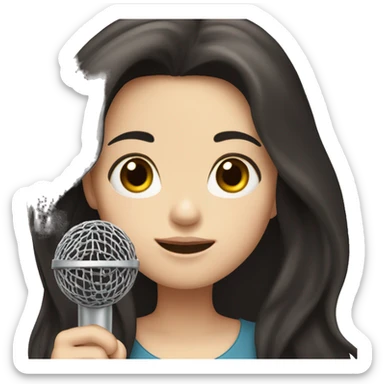 a girl with long black-brown hair, hazel eyes, pale skin, singing into a microphone sticker