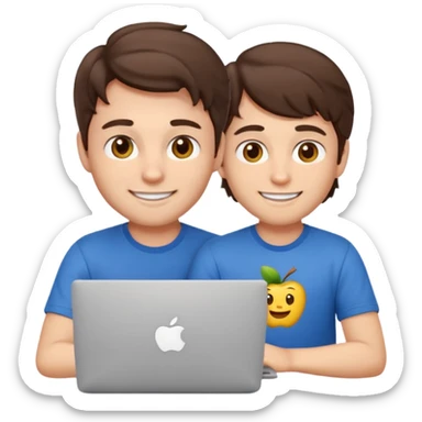 cute, professional emoji character of a young male developer with wavy dark brown hair, smiling warmly, hazel eyes, right dimple, playful wink, tech t-shirt, sitting at a MacBook with Apple logo, soft white background sticker
