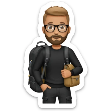 A stylish adventorous man in a complete black outfit with glasses and backpack and beard..full photo sticker