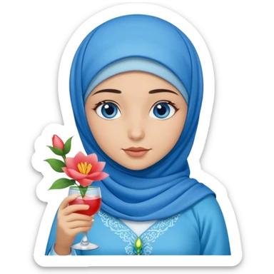 Turkish beautiful finish Konya girl blue eyes with blue hijab islamic dress and had on her hand flower mocktail sticker