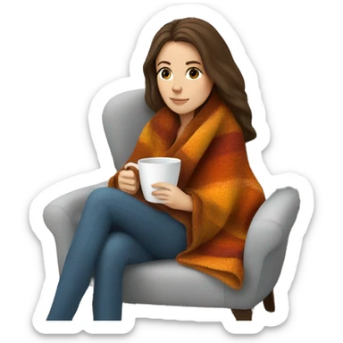 Brunette white girl covered in blanket autumn vibe sitting on a cozy chair holding coffee sticker