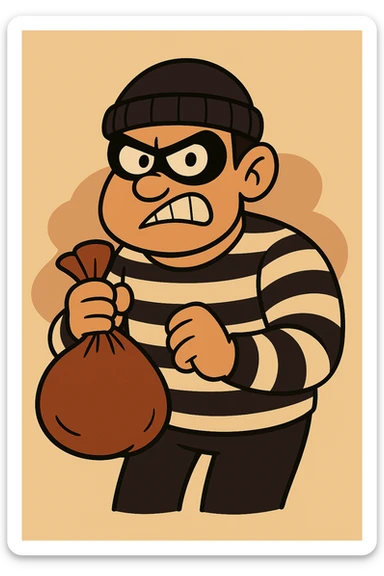 Add a bag of money to the robber character, maintaining the same flat toon style with vibrant colors and clear details consistent with the original image. sticker