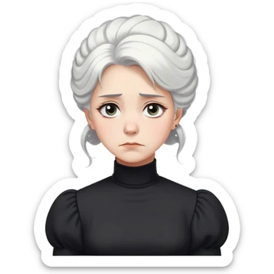 A Victorian woman with simple coiffed white hair and light eyes wearing a simple monochrome black turtleneck mourning dress with puffed sleeves looking down with a forlorn, miserable expression sticker