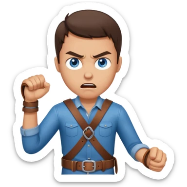 A brunette man with blue eyes, holding a belt in his hand and his expressions look angry sticker