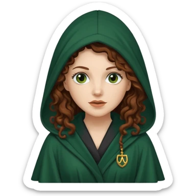 A white woman with long dark auburn hair robed and hooded like she's a Traitor in the tv show The Traitors. her hair is curly and the robe is a dark dark green sticker