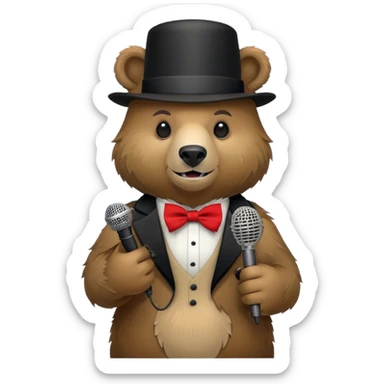 an animatronic grizzly bear with a small black tophat with red stripe and black bow tie holding a microphone. sticker