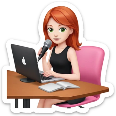 Redhead with green eyes sat at desk with pink MacBook and  podcast microphone black top and pink chair  sticker