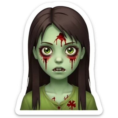 girl zombie with green pale skin with long dark brown straight hair with side bangs light brown eyes blood under eyes and brui sticker