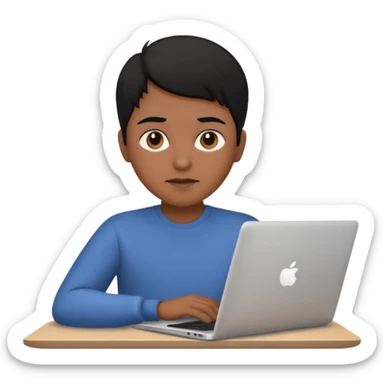 a brown skin person with black hair with no glass working in a laptop  in front view sticker