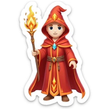 Clash of Clans aesthetic: Cinematic heroic powerful fire Wizard Hero  close up Emoji, rendered in a 3D vector-style similar to standard emojis with minimal shading and bold, simplified shapes. A compact, isometric figure draped in flowing enchanted robes and wielding a mystical staff, softly glowing with an arcane magical charm. Simplified yet unmistakably iconic, highly detailed and consistent, glowing with a soft radiant glow and high shine. Stylized with a touch of whimsical sorcery and a soft glowing outline, capturing the essence of a powerful wizard ready to cast spells with a friendly, playful spirit! sticker