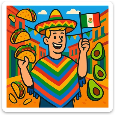 festive Cinco de Mayo cartoon of a tall white American with blonde hair, smiling, wearing a colorful poncho, holding a taco and an avocado, waving a Mexico flag, surrounded by tacos and avocados, on a lively street background, bright and bold colors sticker