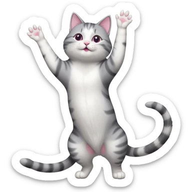 grey and white cat doing a big long stretch reaching up into the air sticker