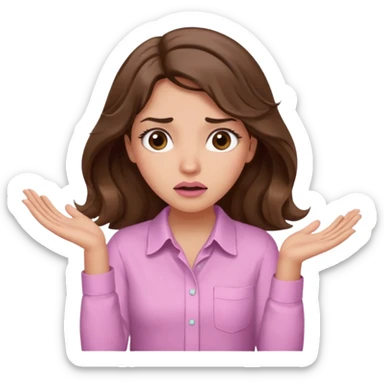 girl with wavy long brown hair, brown eyes, light to medium complexion, long lashes, light pink lipstick, wearing light pink shirt, shrugging with both hands, confused sticker