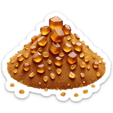 heap of brown sugar, golden-amber, coarse crystals, granulated, dry, a few loose crystals at base, no spoon, clean, 3D, soft shadows, natural texture, no cartoon features, no packaging, no bowl, transparent background, emoji scale sticker