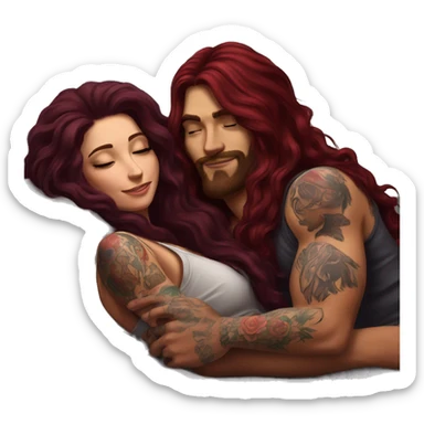 Beautiful tattooed burgundy long haired woman laying on the boyfriends chest sticker