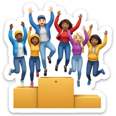 winners’ podium with multi-racial people, middle step higher, no numbers, fun colorful clothes like jeans t-shirts and hoodies, one person jumping, excited fun expressive emoji style sticker