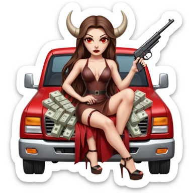 Lilith symbol red eye seductress evil long brown haired sexy succubus woman with leather long dress with slit on, sitting in Big Large F350 pickup truck. Platform long high heels on feet. Back seat full of stacks of cash, she is  Holding a man dead human skull of her enemies and a gun in other hand sticker