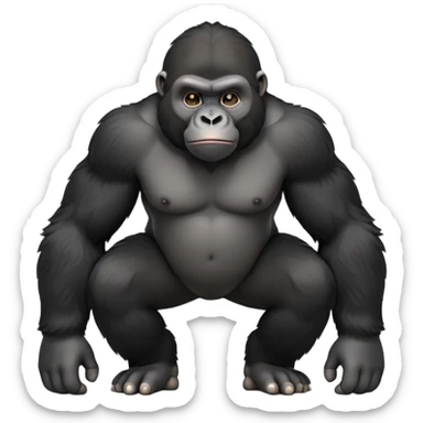 cinematic-friendly relaxed young gorilla-realistic-full-body-crouched on all fours on knuckles-emoji,-poised-with-confidence,-massive-arms-hanging-slightly-forward,-head-tilted-thoughtfully,-thick-black-fur, friendly ,-simplified-yet-realistic sticker