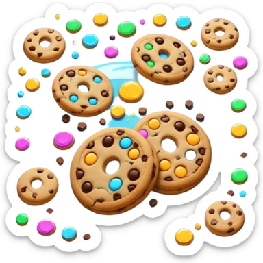 Interdimensional cookie factory with swirling portal, cookies flying in from different worlds, glowing runes, magical cartoon style, emoji-style sticker