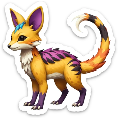 Rare realistic exotic edgy epic pretty beautiful handsome gorgeous aesthetic colorful vibrant Vernid-Trico-species-Fakemon-creature by LiLaiRa, 4 legs, 1 tail, random markings, tufted ears, (full body) sticker