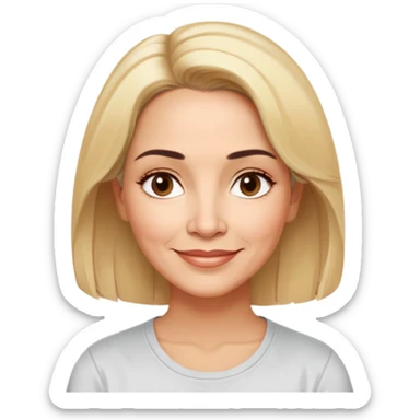 Puerto Rican actress Linette Torres in her 50s with warm light skin, sweet loving expression, gentle kind eyes, well-defined eyebrows, straight nose, warm nurturing smile, shoulder-length blonde hair, wearing a comfortable casual t-shirt sticker