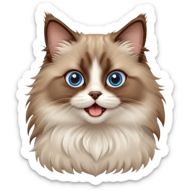 cinematic-adorable-big-eyed-fluffy-brown ragdoll-cat-portrait-emoji,-head-tilted-playfully-with-a-cute,-yawn,-soft-brown-and white-colored-fur-with-darker-points-on-the-ears,-simplified-yet-irresistibly-cute-features, sparkling blue eyes sticker