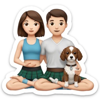emoji of brunette man wearing kilt, brunette woman in yoga outfit and white cockapoo dog sticker