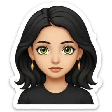 a pretty FAIR indian bratz girl with wavy black hair, wearing a black tshirt. eyeliner on, olive green eyes.  sticker