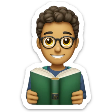 joven estudiante de piel blanca con todos sus libros y su mascota, llamada jack riendo y muy feliz sticker