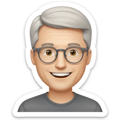 40 yr old pale white man, grey side swept hair, round glasses, big smile, white teeth, handsome, longer hair, thin glasses sticker