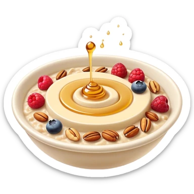 Cinematic creamy oatmeal, smooth texture with a swirl of honey on top, garnished with fresh berries and nuts, warm and comforting, cozy golden tones, rich and delicious. sticker