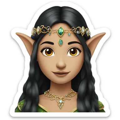 elf princess with pointy ears, white skin, black hair with jewellery,  sticker