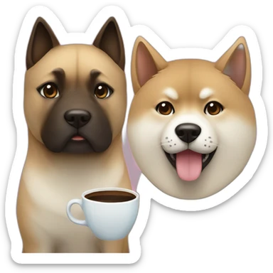 A Akita taking a coffee with a brown siamese  sticker
