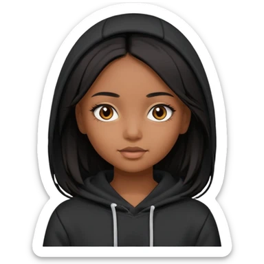  Brown skin girl , who has staight medium length black hair without bangs , brown eyes , and doll like makeup , in a black hoodie. sticker