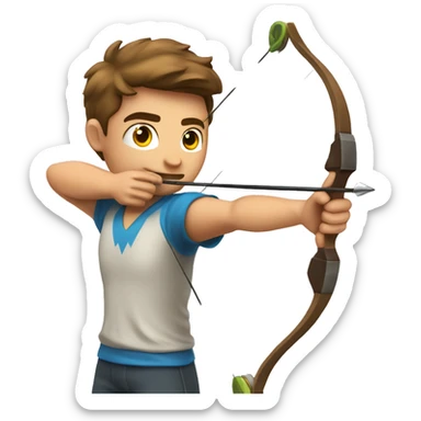 a male archer aiming with a bow looking at his target, wearing a tshirt, brown hair, bright skin, sticker