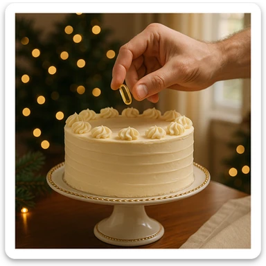 realistic style, hand placing a supplement capsule on an elegant cake, festive atmosphere, refined details, home environment sticker