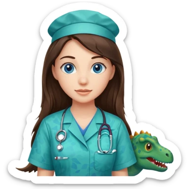 pretty brunette nurse with long hair and blue eyes in dinosaur pattern scrubs sticker
