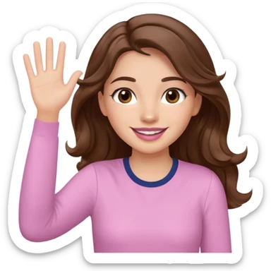 girl with wavy long brown hair, brown eyes, light to medium complexion, long lashes, light pink lipstick, smiling, wearing light pink shirt, waving motion sticker
