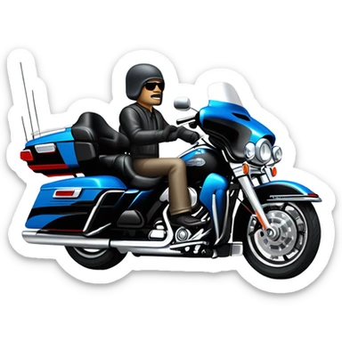 angled view of a harley davidson electra glide ultra classic with big blue pearl and vivid black two color paint scheme with midsize recurve windshield, a radio antenna, a citizen's band radio antenna and an older white man with a durag sitting on the front seat. sticker