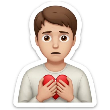 White man with brown hair holding a broken heart with anxiety  sticker