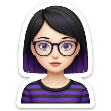 chica bonita con ligero cabello negro con rayas moradas que llega hasta los hombros con lentes cuadrados de estatura pequeña con ropa negra sticker