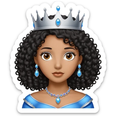Por favor hazme el emoji de la princesa pero morena con el pelo negro y rizado, los ojos marrones y la corona plateada con jollas azules sticker