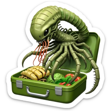 The Predator, as in the 1987 movie, eating an Alien facehugger from a lunchbox, the setting should be dark and sci-fi. sticker