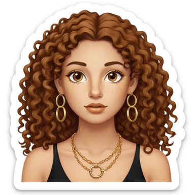 Attractive Greek woman with freckles, long curly hair, gold hoop earrings, small necklace, and lip liner on her lips sticker