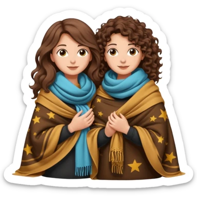 star blanket scene — long wavy brown hair tattooed woman and short tight curly brown hair woman — sharing oversized scarf blanket sticker