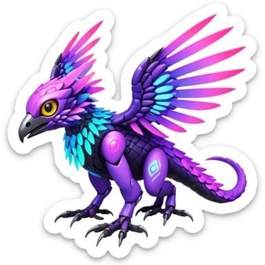 Tropical futuristic lush warm-colored modern colorful neon-colored cyber-Fakémon-Digimon-Trico-creature sticker