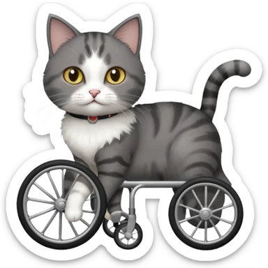 full body small short hair dark grey and white cat with hazel eyes walking in a wheelchair for cats sticker